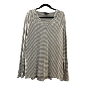 JOAN VASS soft, lightweight hoodie, size Large, gray and white stripes.